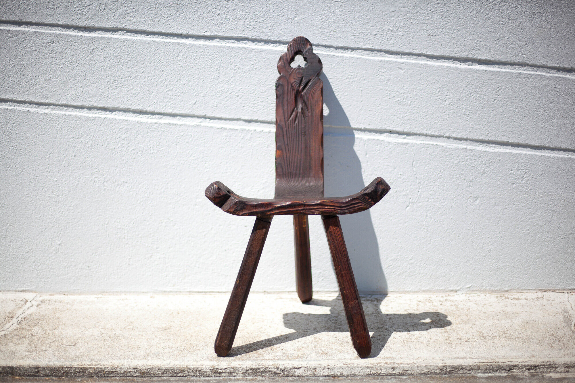 Brutalist wooden chair, tripod chair, Spanish chair