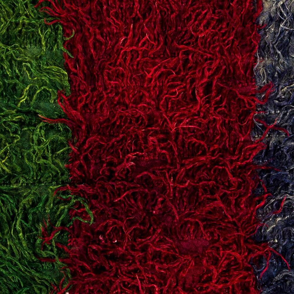 Vintage Hand-Knotted Tulu Rug with Green, Red and Navy Blue Color. 100% Mohair Wool