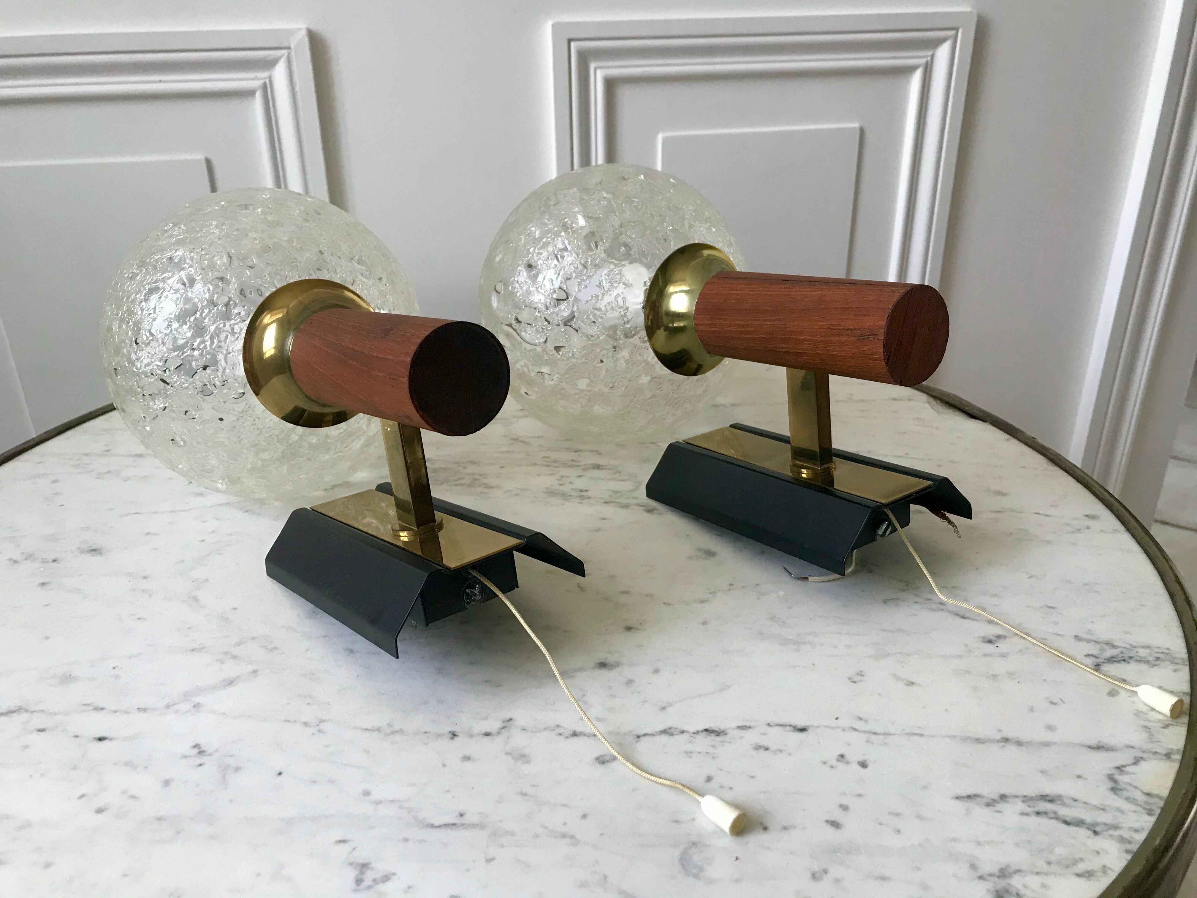 Pair of wall sconces balls in blown glass, metal and teak style 50s
