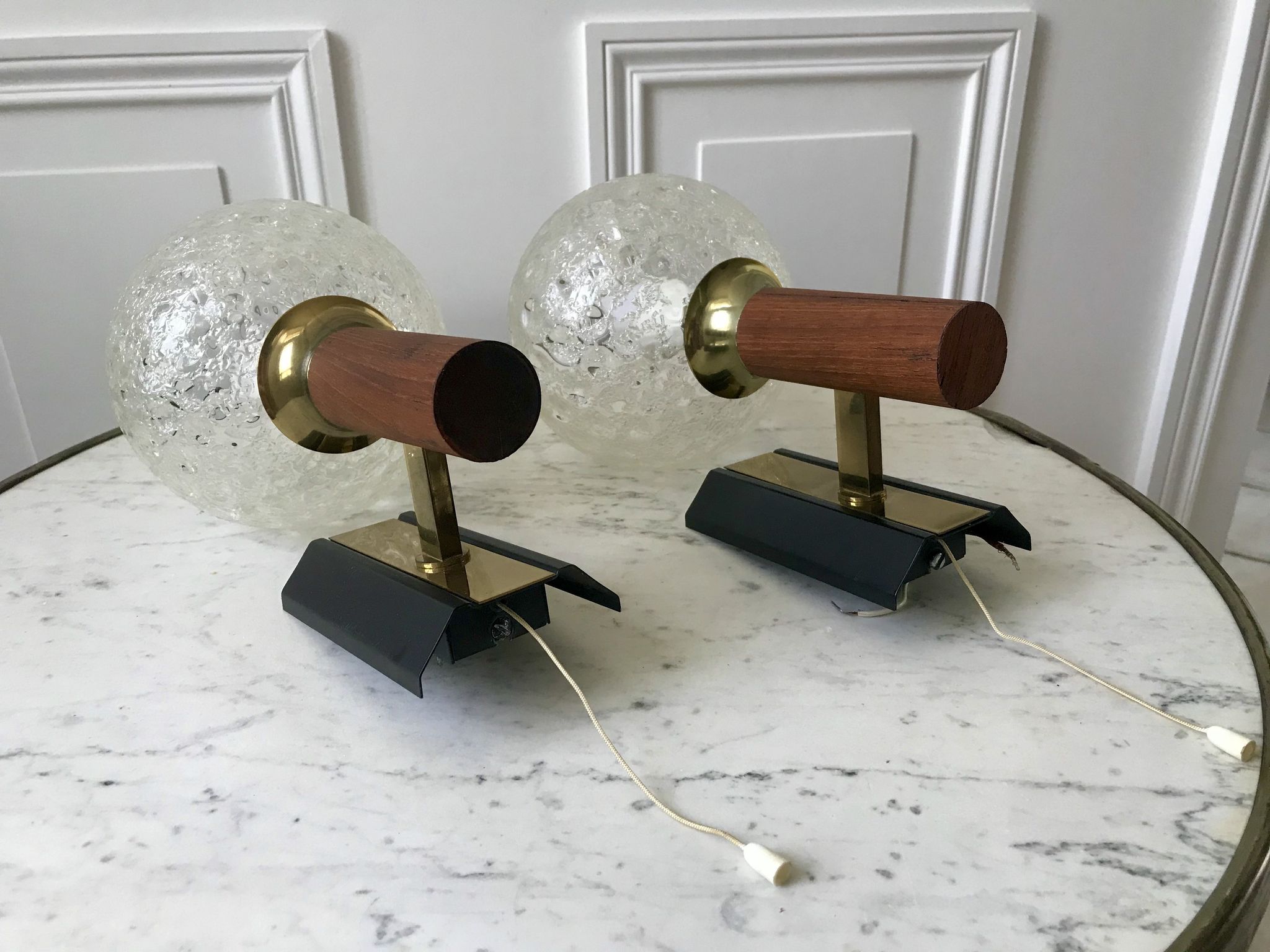 Pair of wall sconces balls in blown glass, metal and teak style 50s