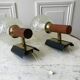 Pair of wall sconces balls in blown glass, metal and teak style 50s