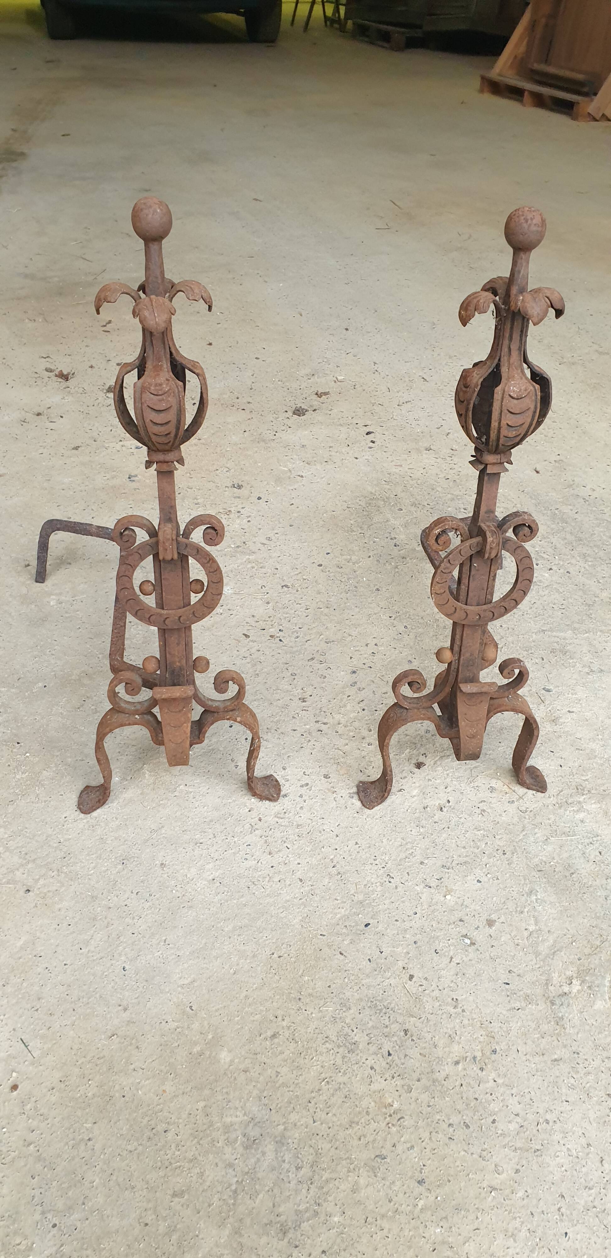 Pair of Wrought Iron Andirons with Refined Ornamentation - 20th Century