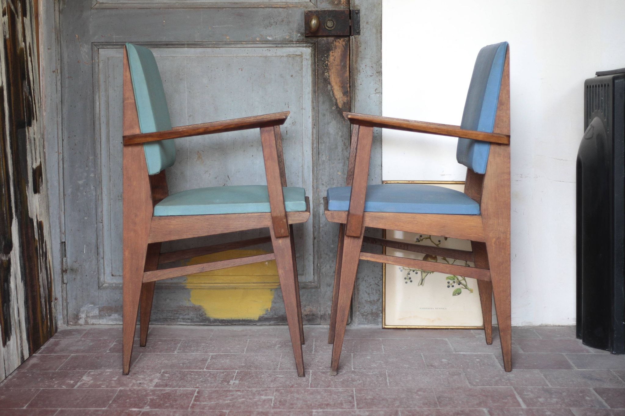 Pair of wooden bridge armchairs from the 1950s, vintage chairs.