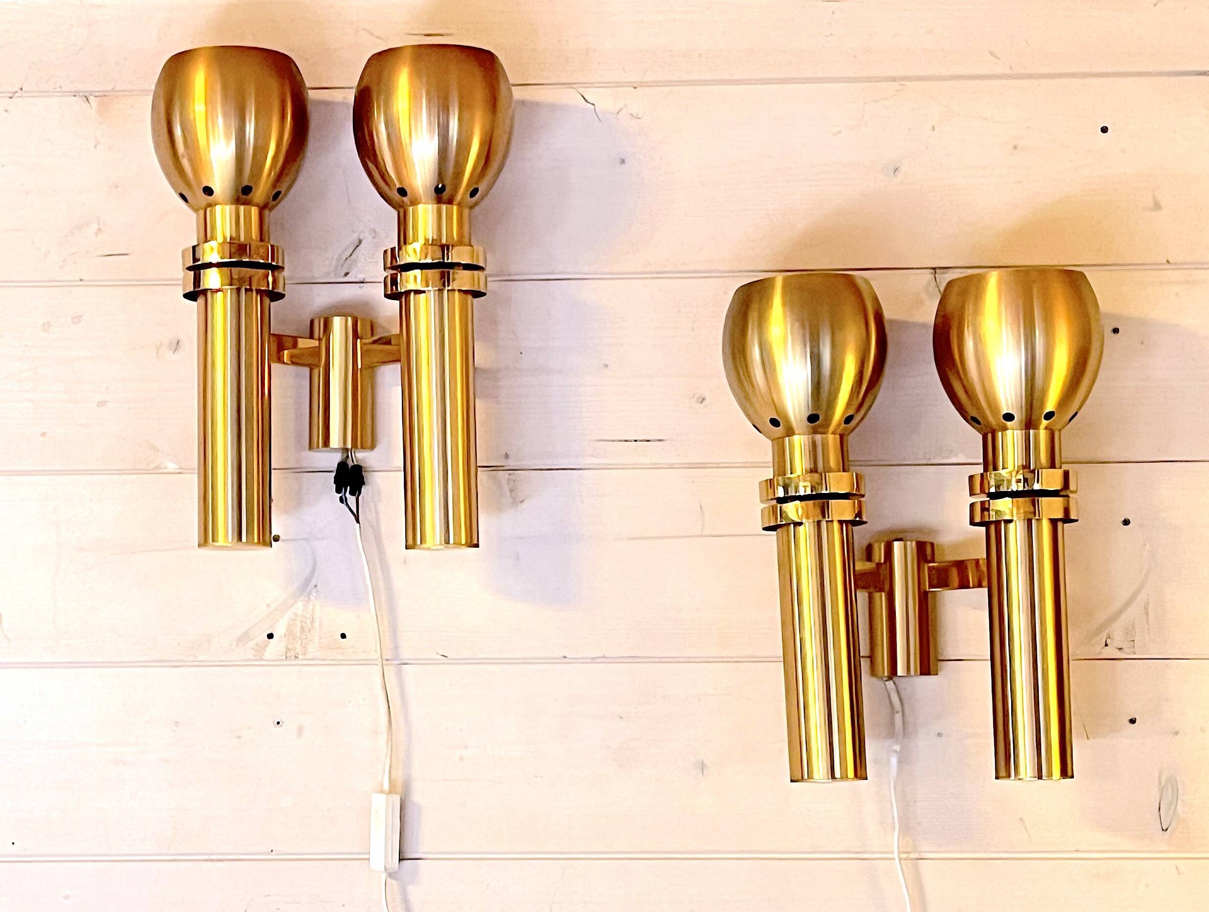 Three Large Scandinavian Brass Sconces, Mid Century