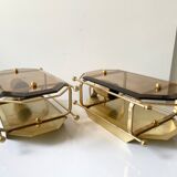 Pair of Scandinavian Vintage  wall light Sconce in Brass & Amber colored Glass