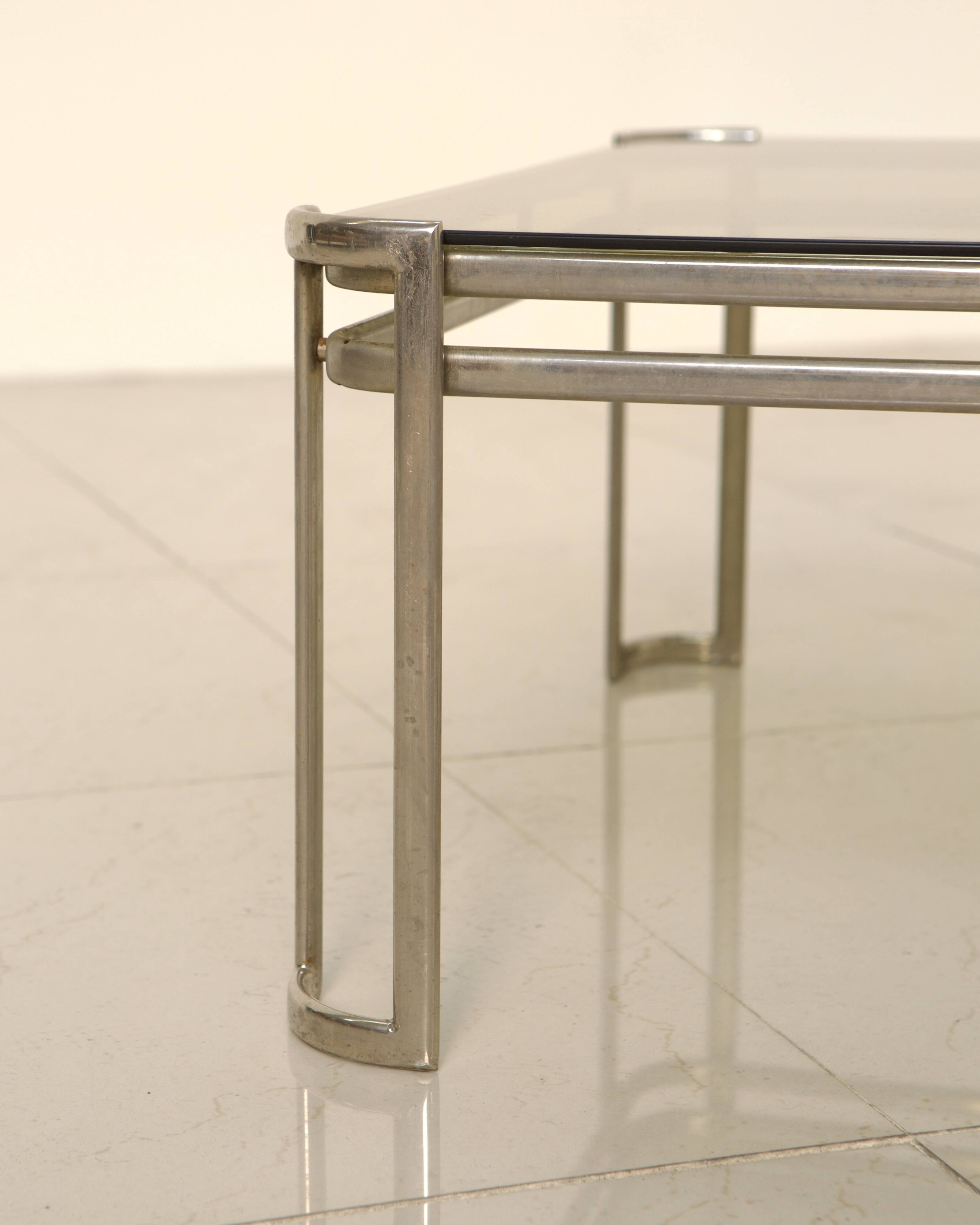 Italian coffee table in metal and brown smoked glass from the 60s