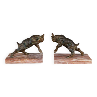 Pair of Art Deco ibex bookends in spelter on marble base