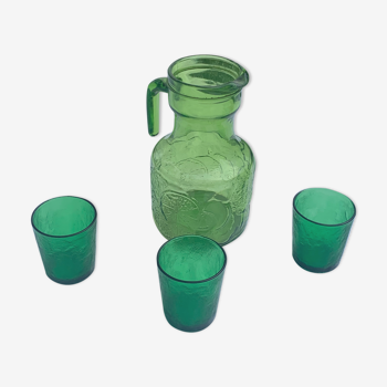 Carafe et 3 verres en verre vert motif de fruits en relief vintage