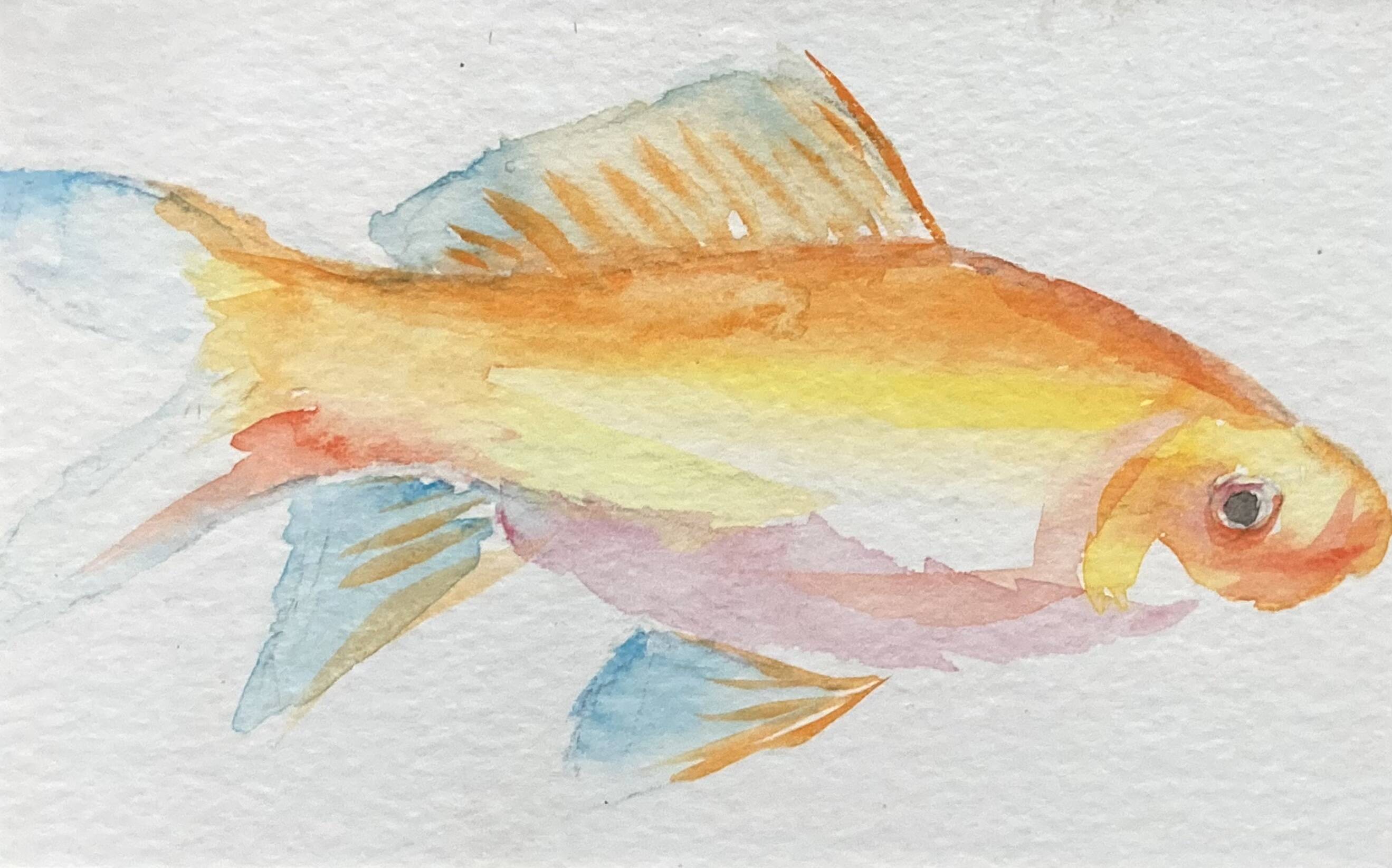 Watercolor painting of goldfish in a Louis XVI style wooden frame