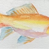 Peinture à l’aquarelle représentant des poissons rouges dans un cadre en bois de style Louis XVI