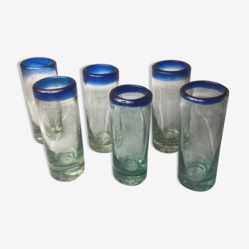 Handmade cobalt blue tequila glasses made of recycled glass