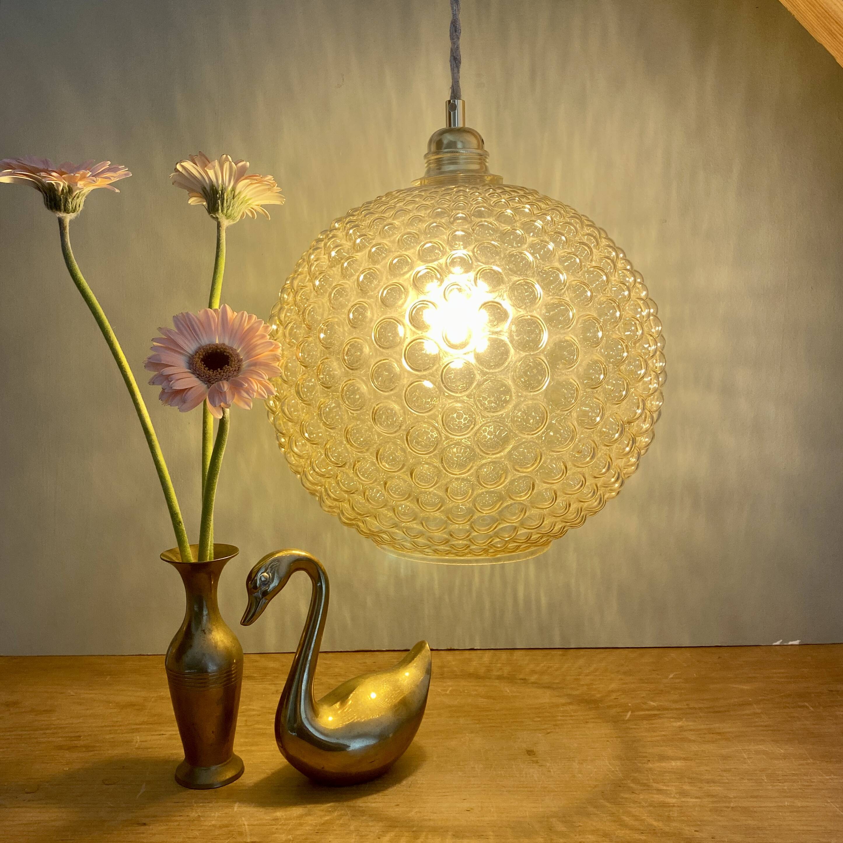 XXL vintage bubbled amber glass globe pendant light