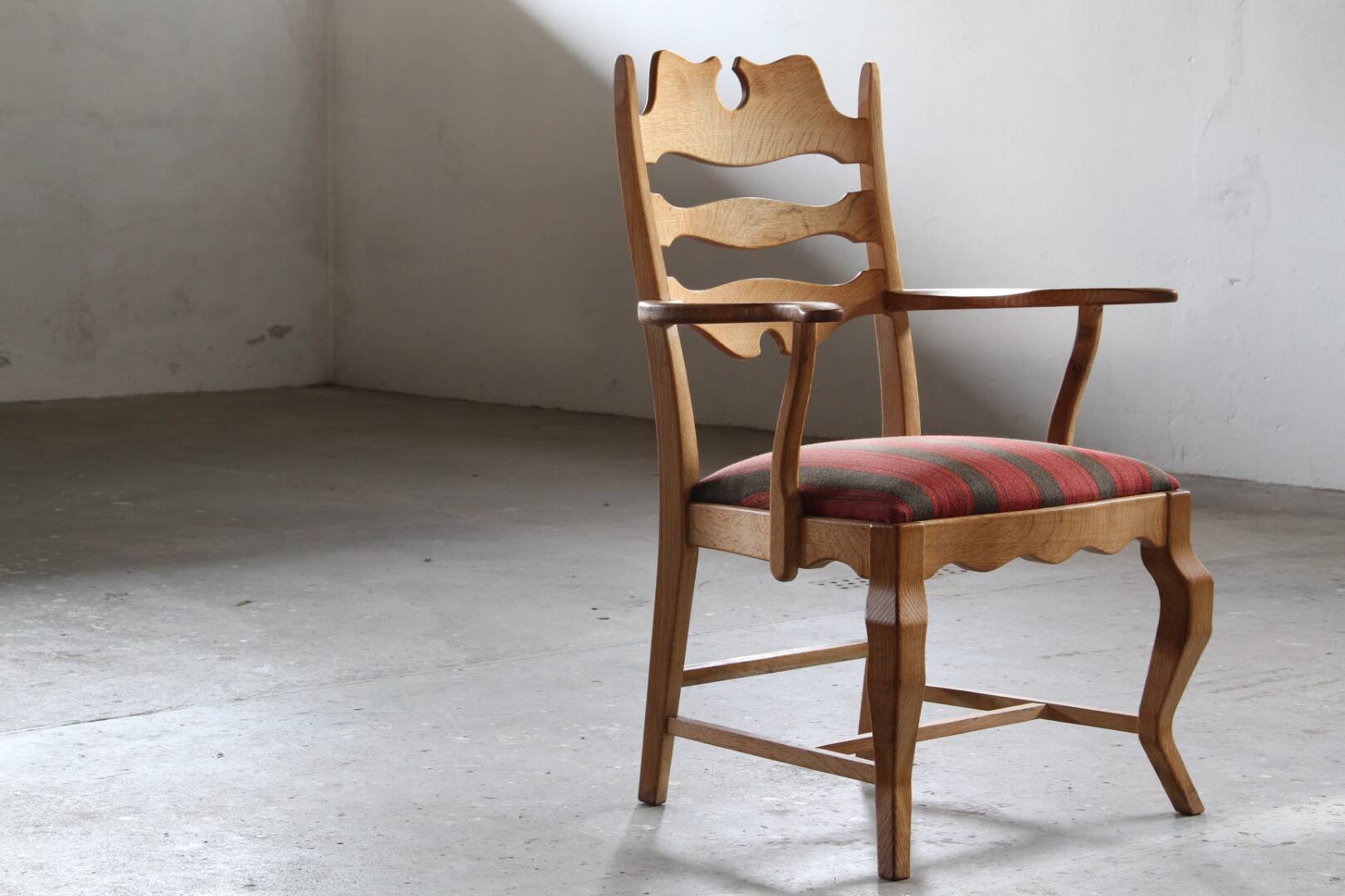 Vintage Brutalist Oak Razorblade Red Striped Armchair by H. Kjærnulf, 1960s