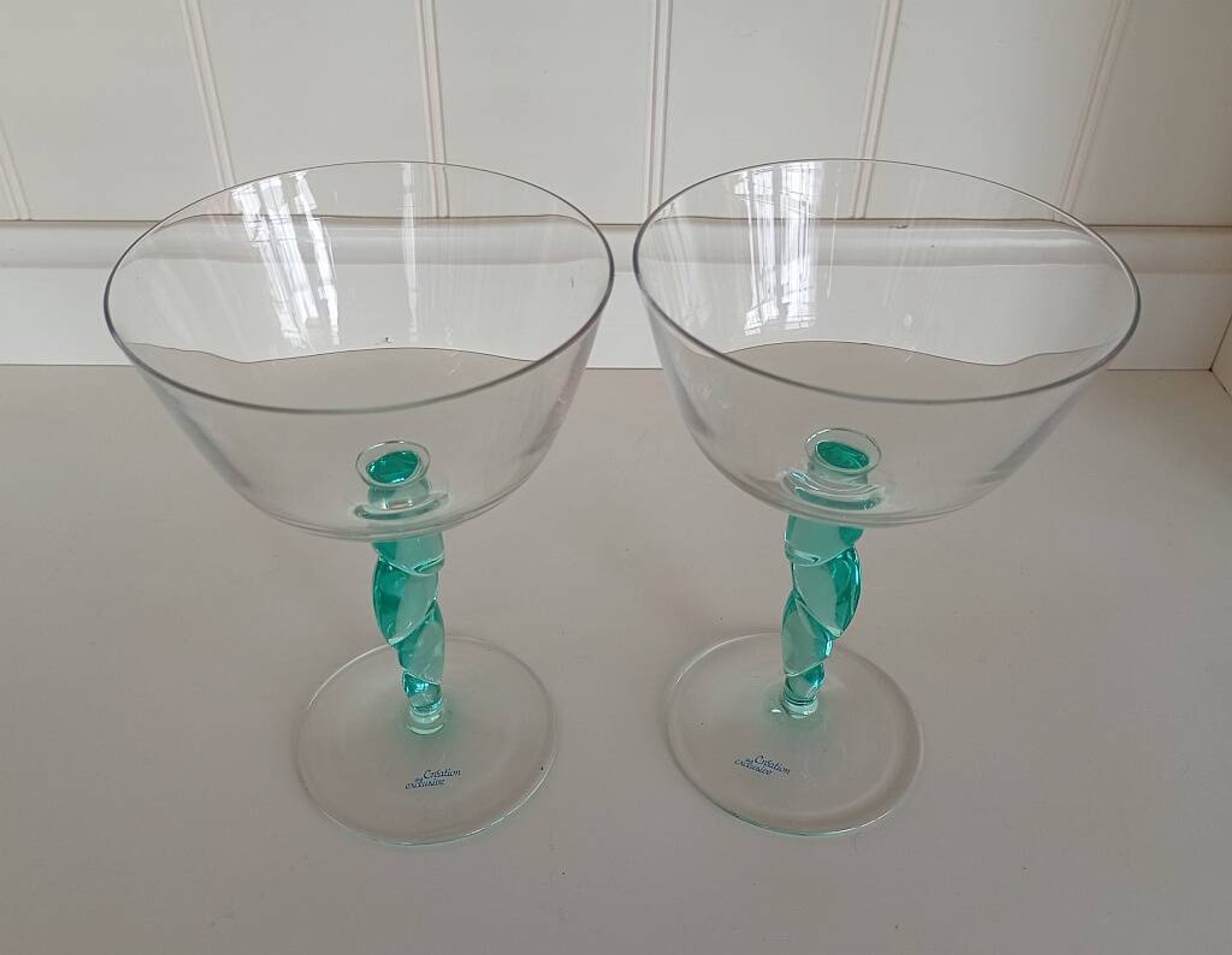 Pair of Vintage Postmodern Crystal Champagne Coupes with Organic Aqua Stems