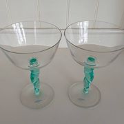 Pair of Vintage Postmodern Crystal Champagne Coupes with Organic Aqua Stems