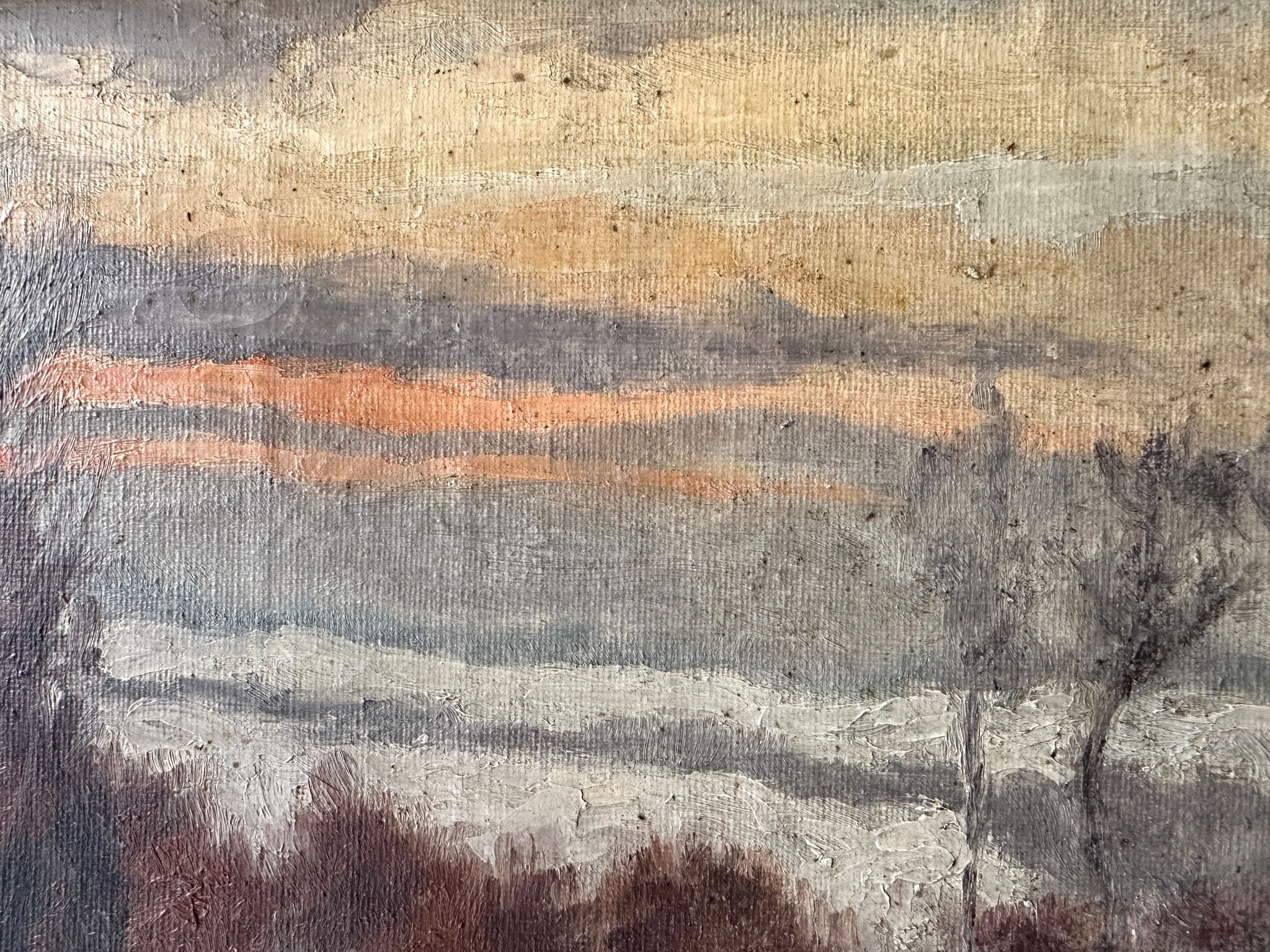 Oil on canvas of a winter landscape at dusk 1900, snow in the countryside.