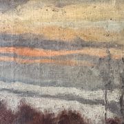 Oil on canvas of a winter landscape at dusk 1900, snow in the countryside.