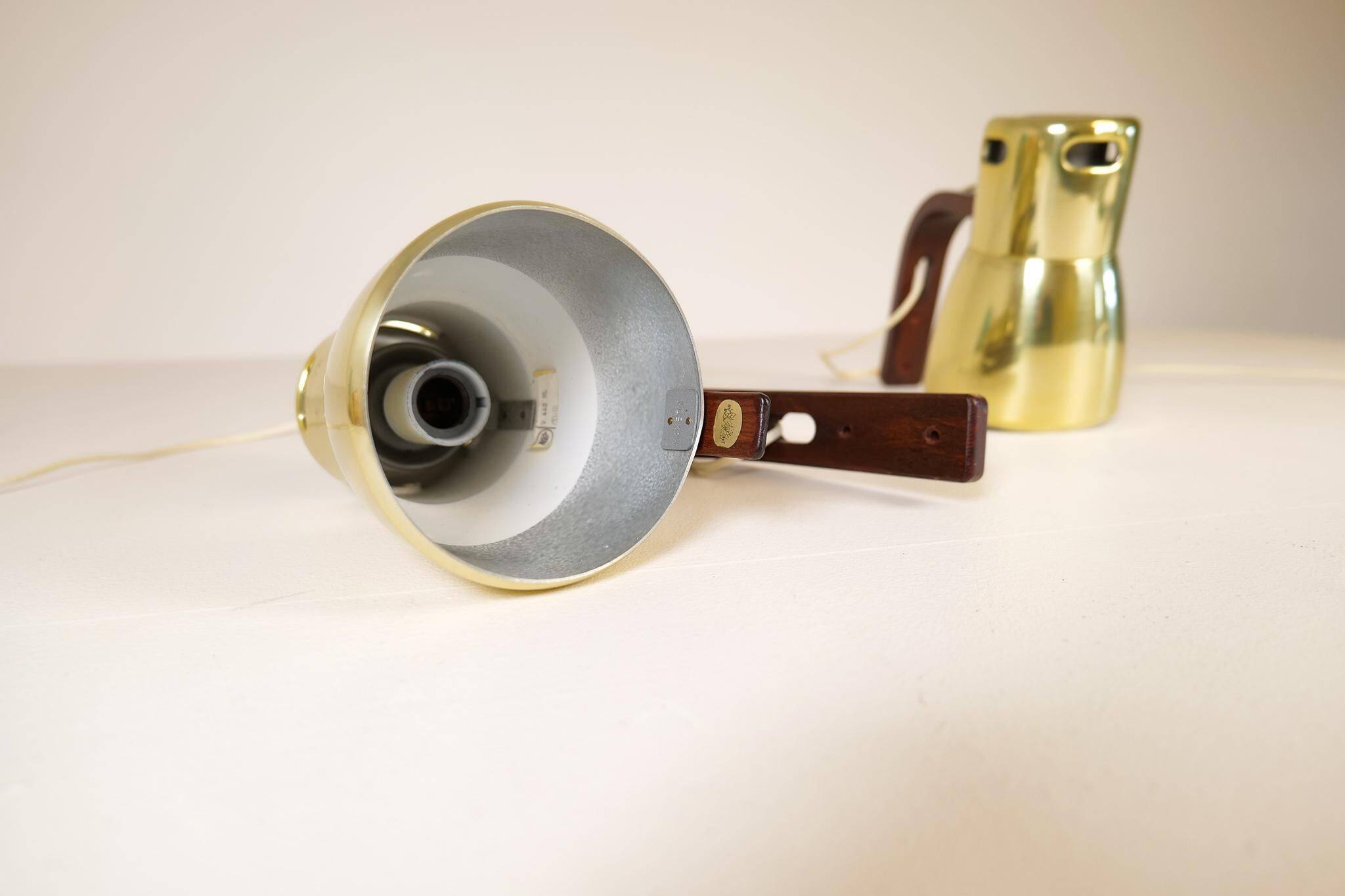 Hans-Agne Jakobsson Wall Lamps in Brass and Stained Wood, Sweden, 1970s
