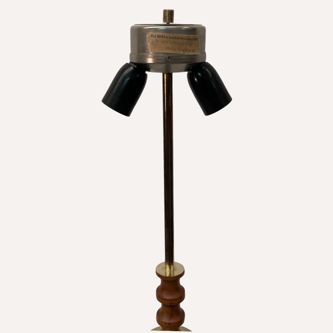 Brass and wood turnt large table or floor lamp by VEB Narva Leuchtenbau Germany, 1970s