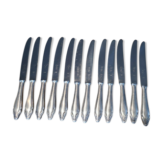Series of 12 knives in silver metal stainless steel blade style Louis XV Marly Deetjen