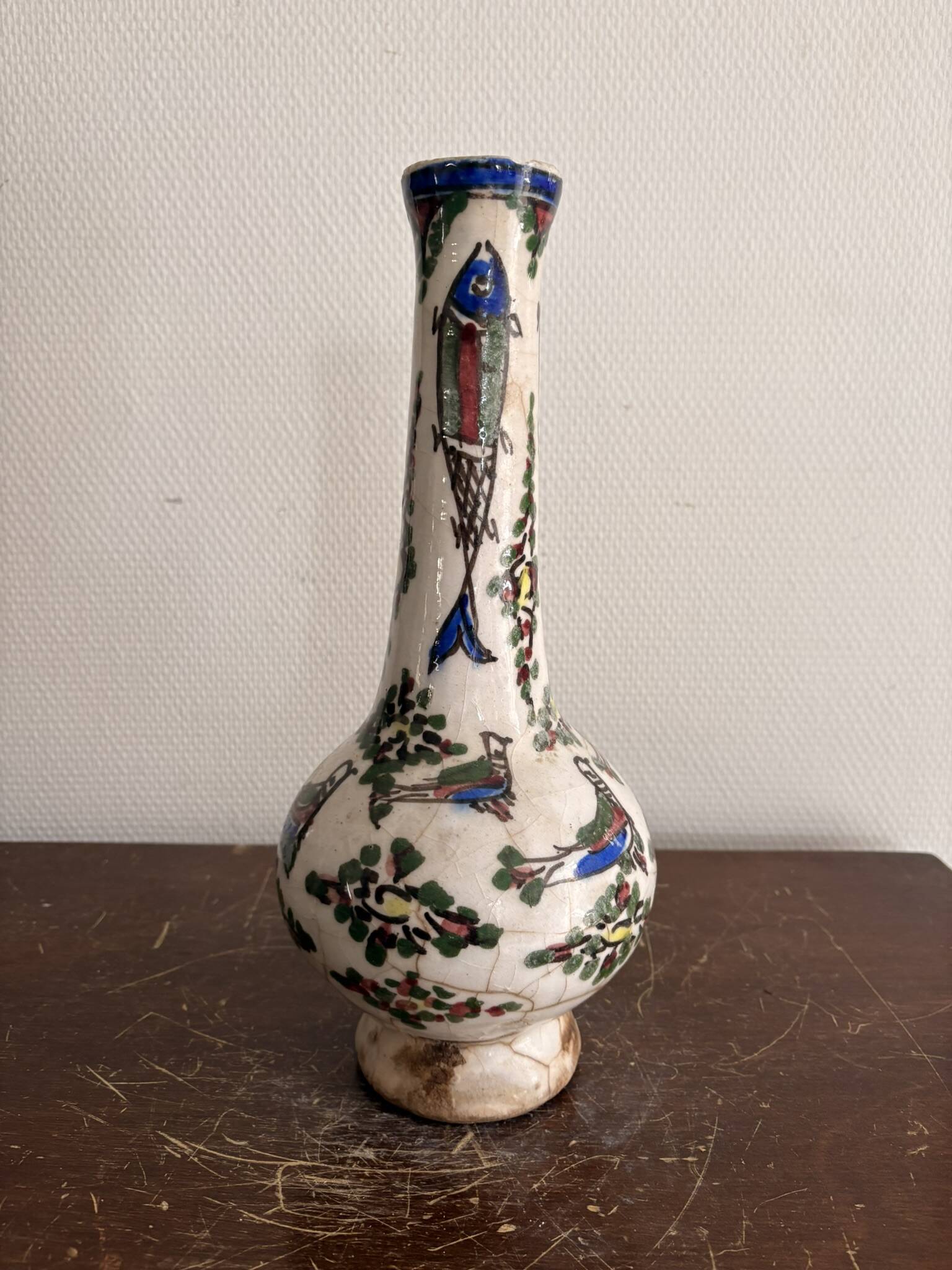 Ancient Persian Vase Iran Persia Qajar Bird Fish 19th Century