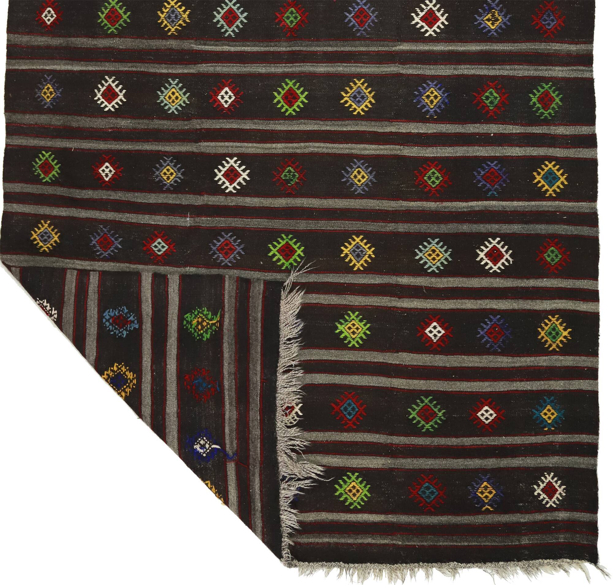 Turkish Kilim Yuruk Vintage 190x350 cm Geometric Patterns Black Multicoloured