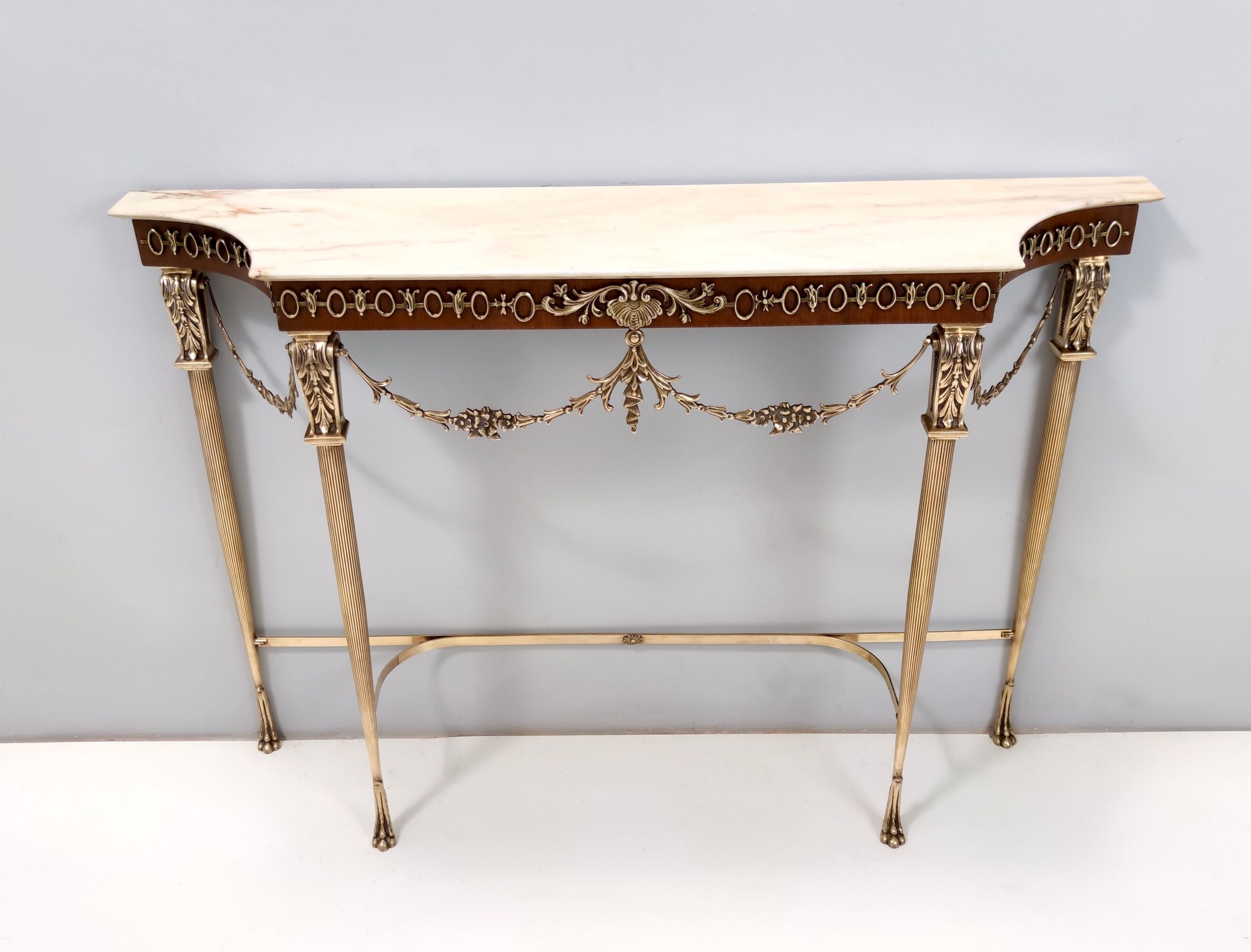 Vintage walnut console with a portuguese pink marble top and brass frame, italy