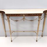 Vintage walnut console with a portuguese pink marble top and brass frame, italy