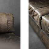 Vintage Mid-Century Modern German Brutalist 2-Seater Brown Leather Bed Sofa