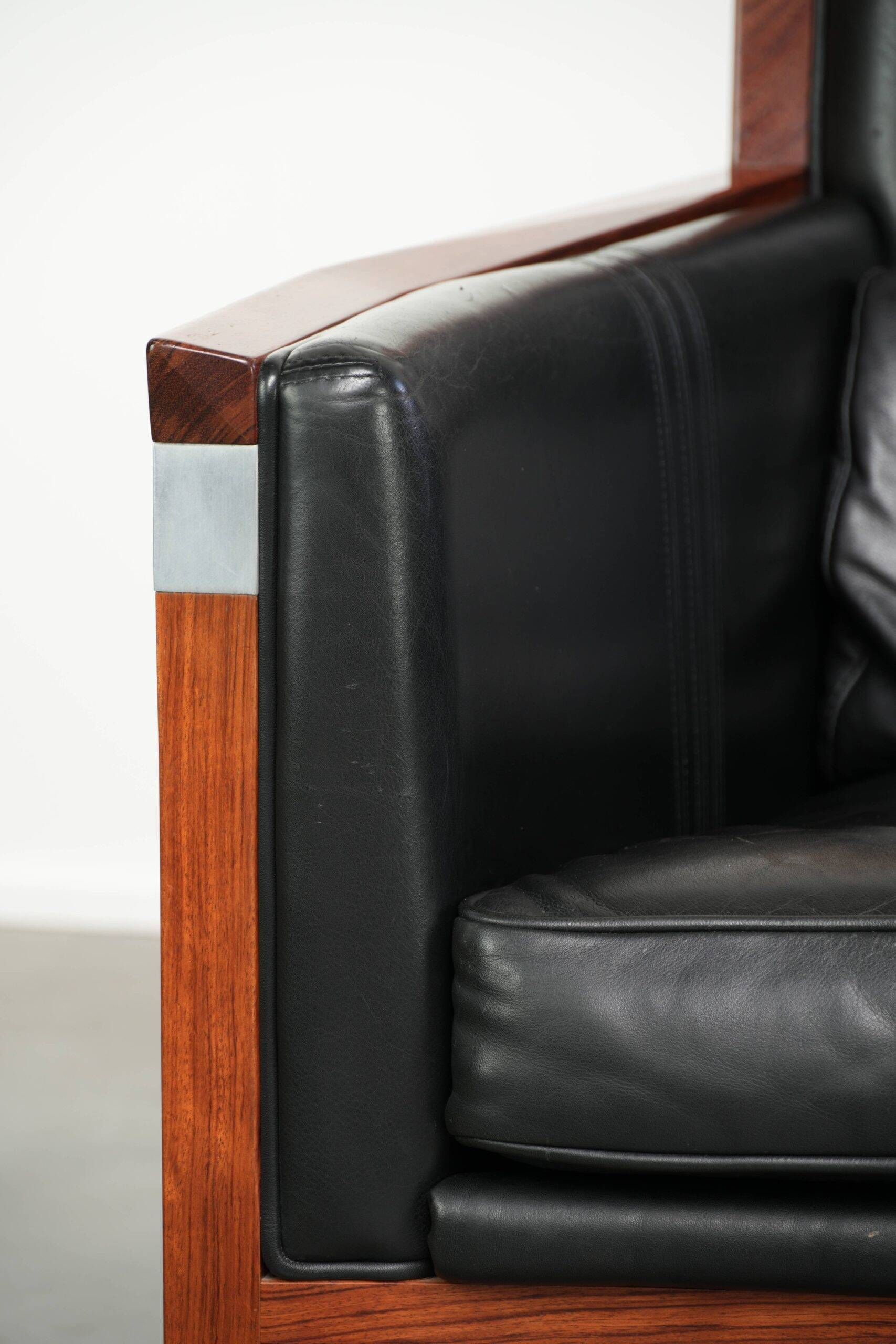 Set of 2 Art Deco design armchairs in black cowhide leather