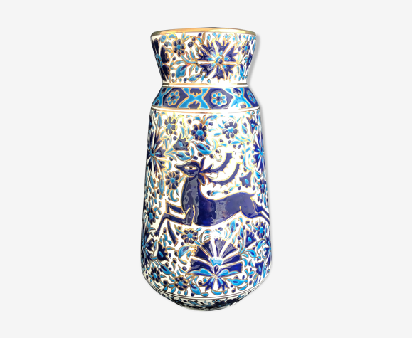 Vase grec vintage Nassos Hellas Rodos or bleu et blanc