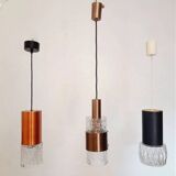 three vintage pendant lamps, copper, aluminum and glass.