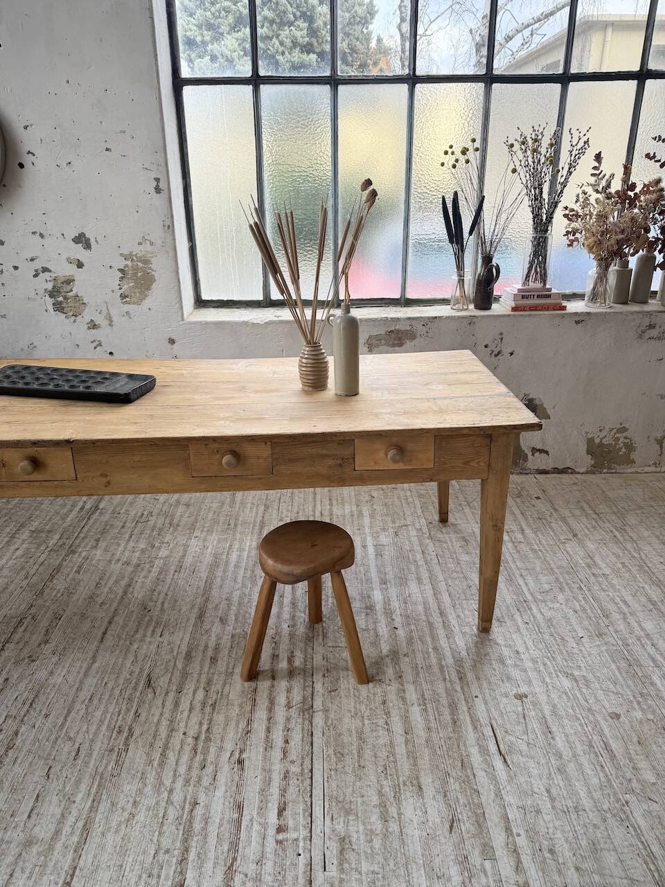 Pine and oak farmhouse table with multiple drawers, communal type, 240cm.
