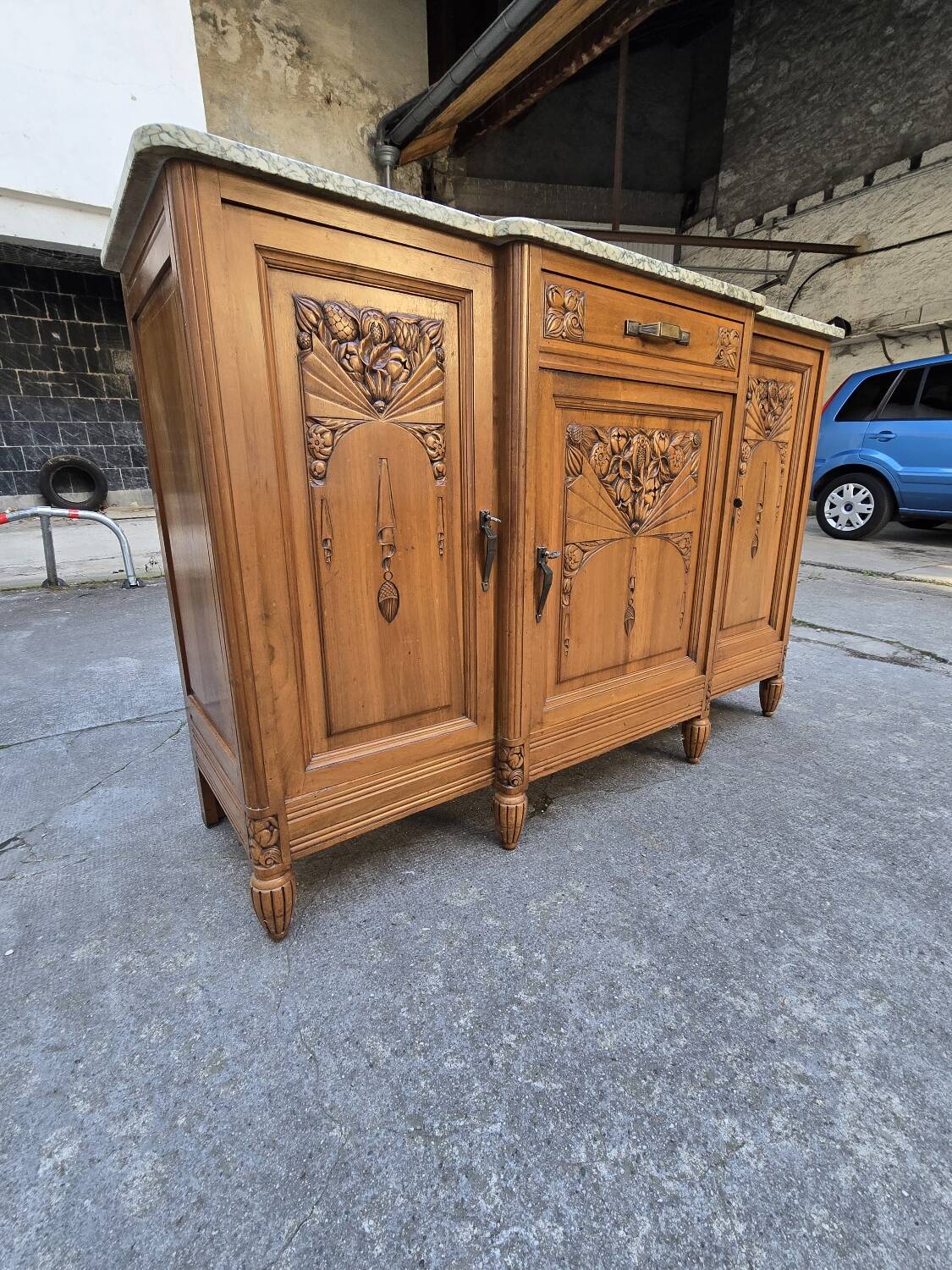 Solid wood carved sideboard with marble top, Art Nouveau style
