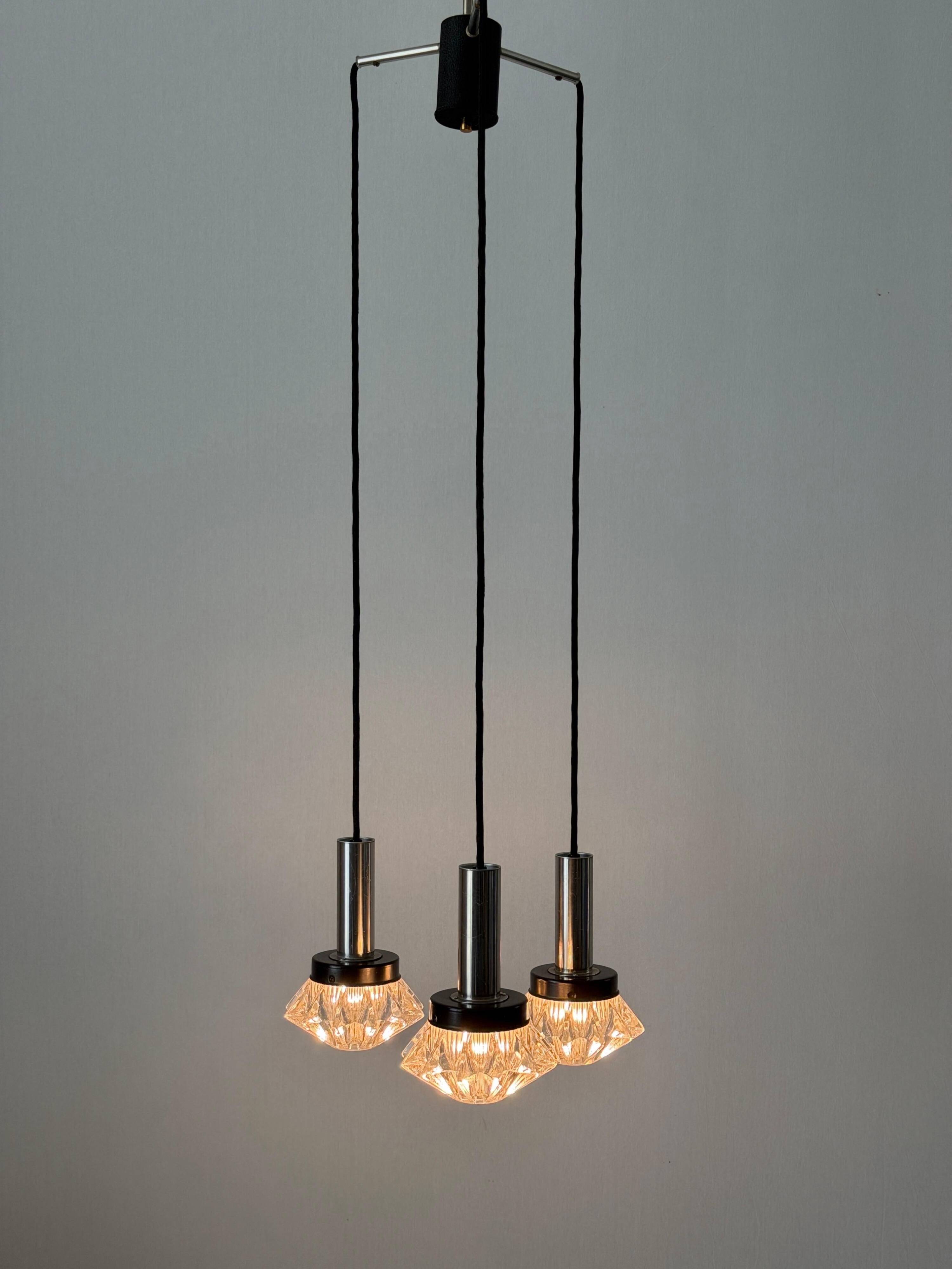 Suspended cascade lamp with 3 glass crystal and metal shades, 1960s, Germany