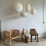 Suspension in rattan and japanese natural linen in the shape of a lantern h50 d30
