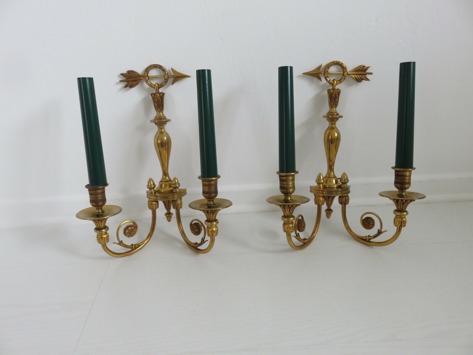 Pair of double wall lamps directoire style Lucien Gau in solid bronze gilded with bright gold
