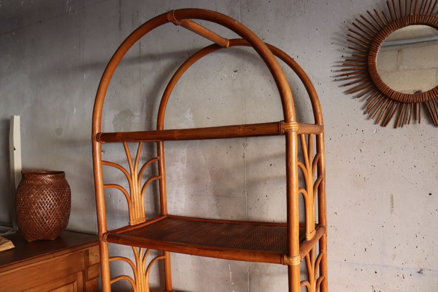 Rattan and vintage bamboo shelf