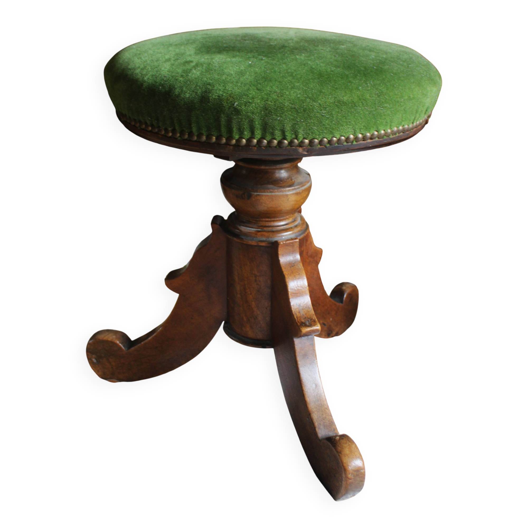 Antique piano stool, green velvet, walnut wood.