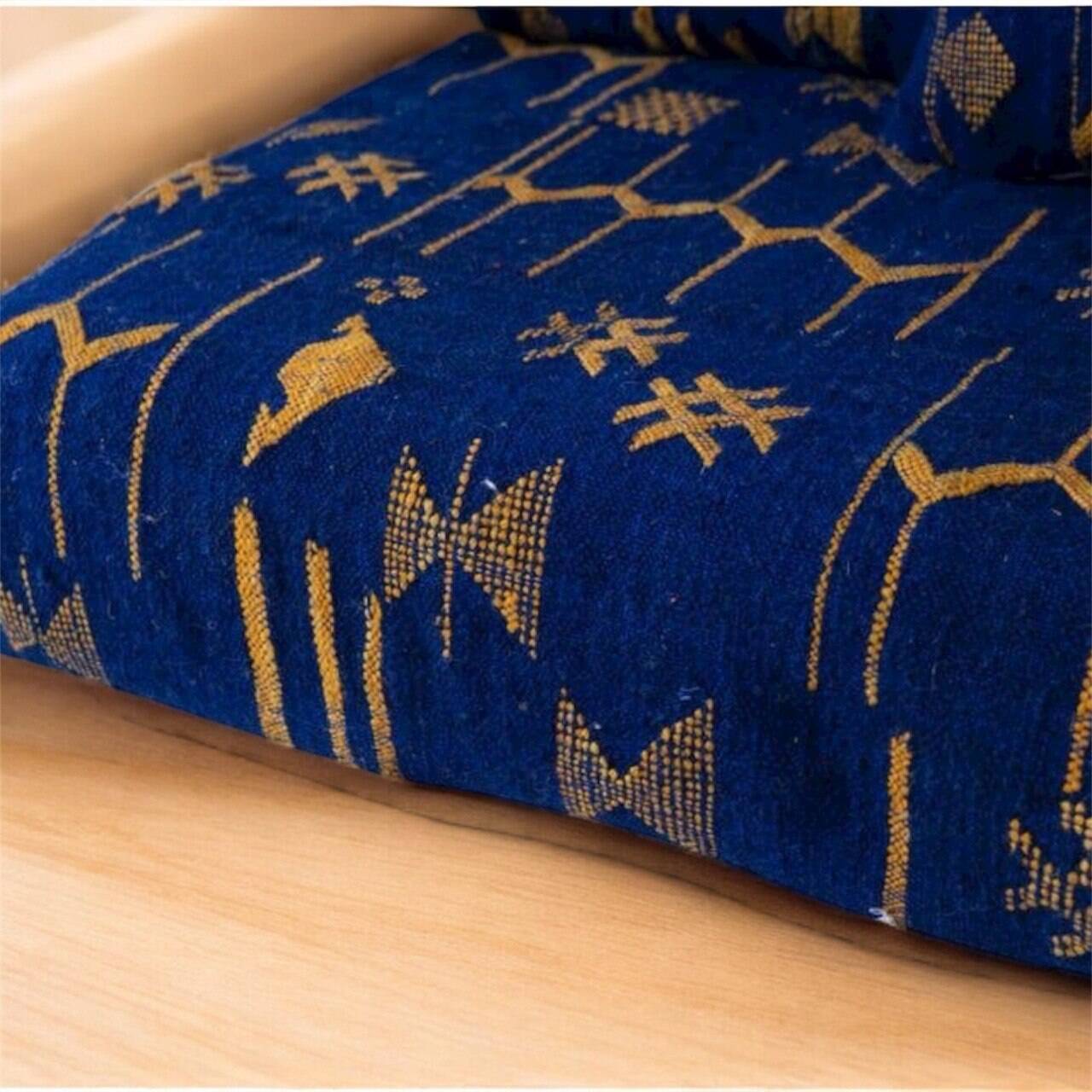 Handmade Moroccan Floor Sofa – Blue Hnibel with Golden Khormaz Patterns
