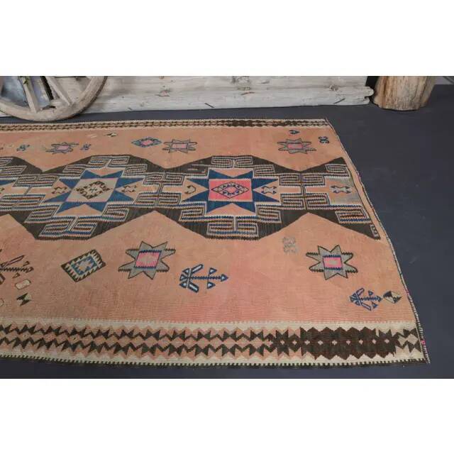 Vintage Turkish Oushak Handmade Cotton Orange Wool Kilim Runner Rug 170x404