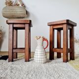 Pair of brutalist wooden stools, bedside tables.