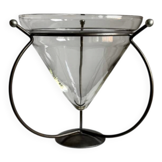 Vintage Modernist Large Clear Glass Vase/Decorative Piece With Metal