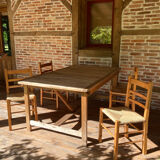 4 straw chairs in vintage pine wood 1980 1990