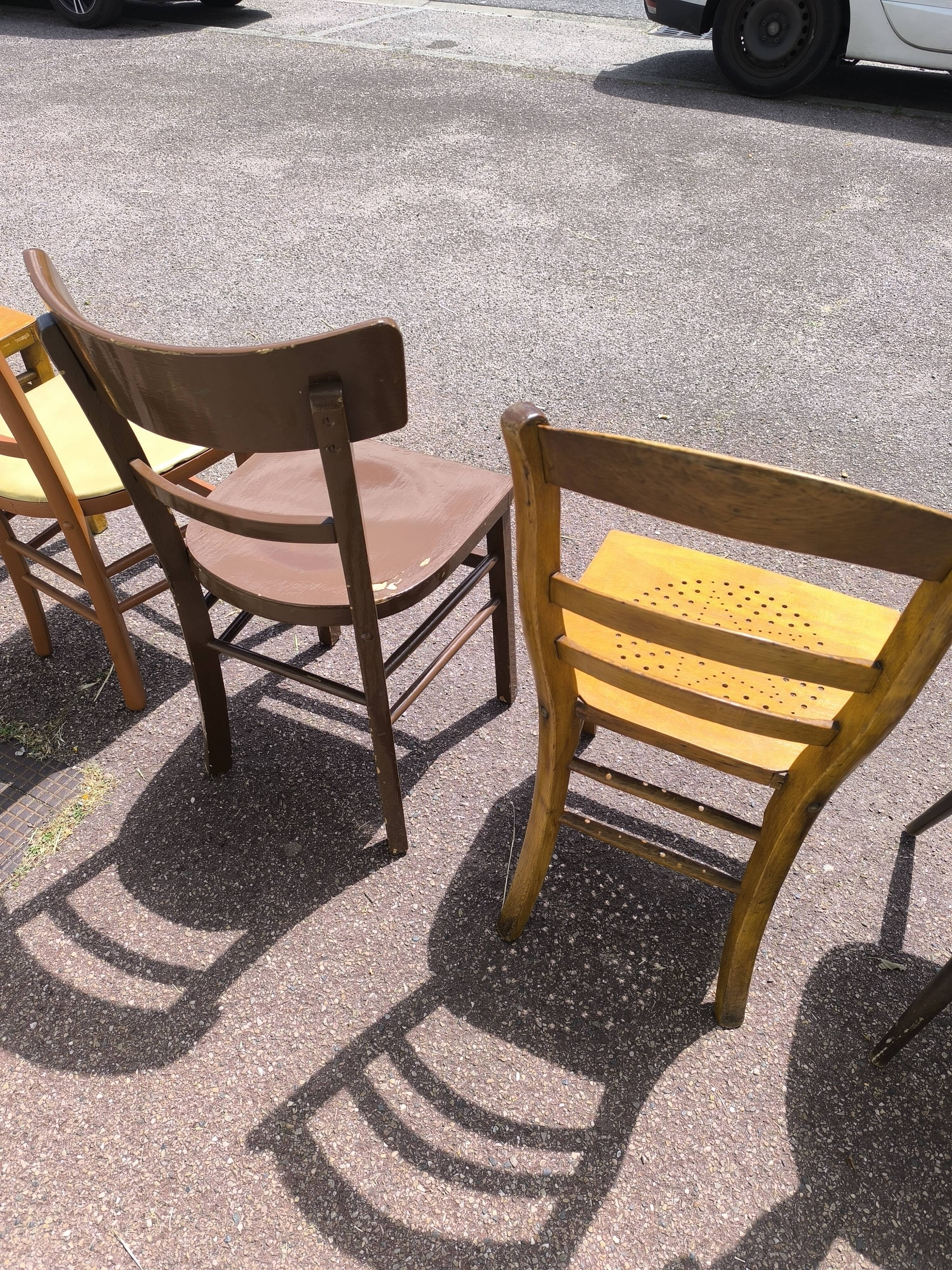 Set of 6 mismatched vintage wooden bistro chairs