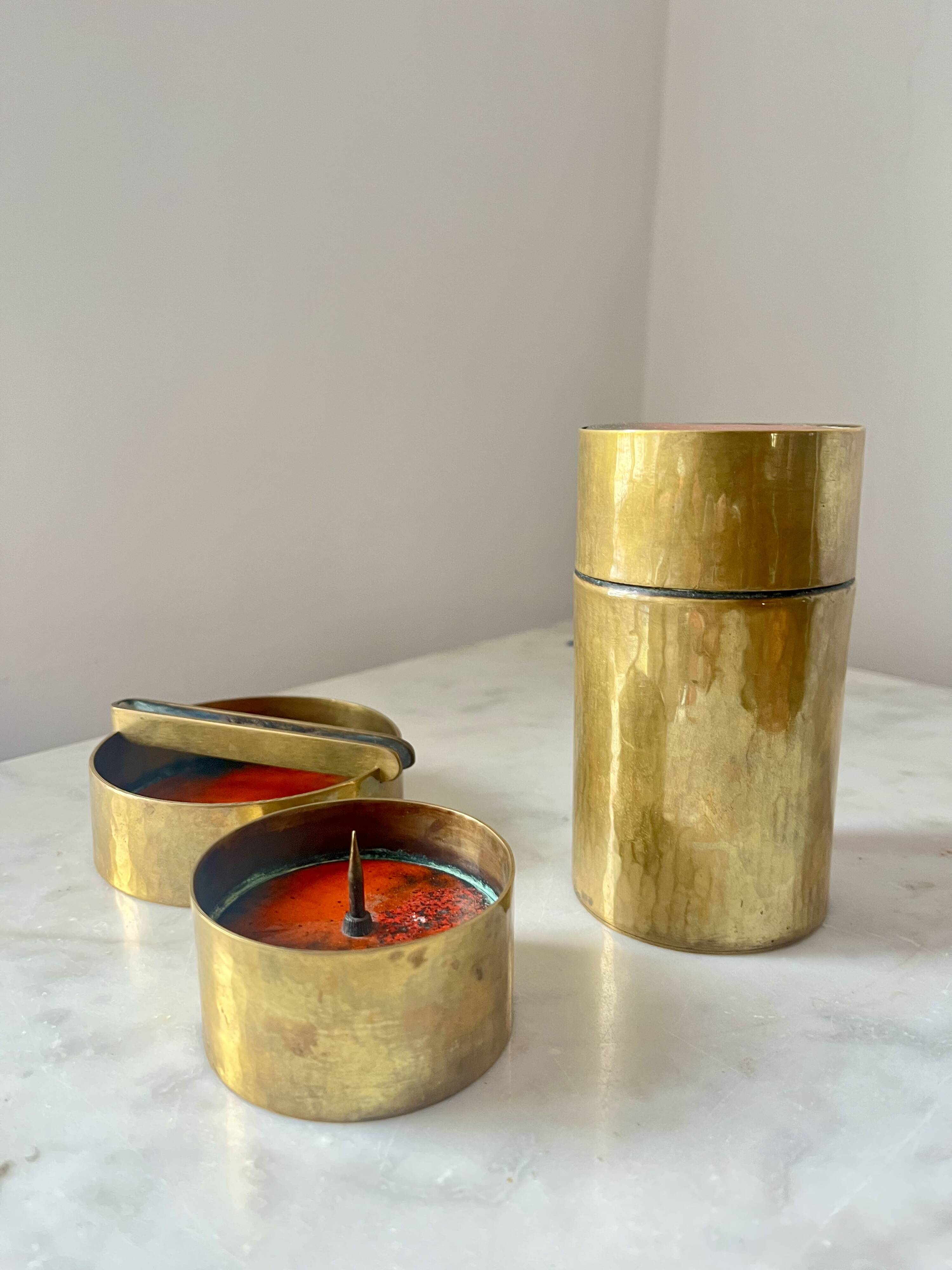Vintage Red Enamelled Bronze Set, Ashtray, Candle Holder & Lidded Jar, 50s
