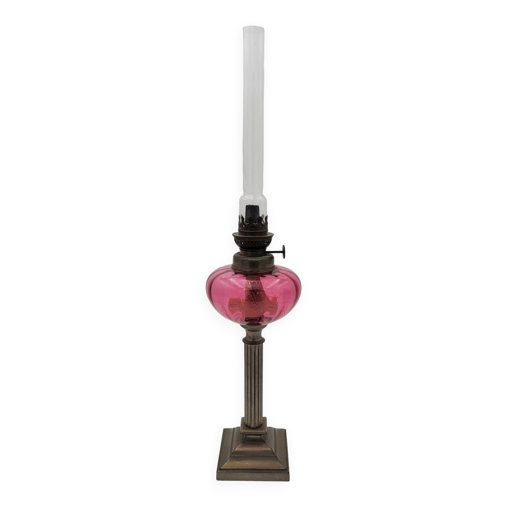 Old metal and pink glass oil lamp