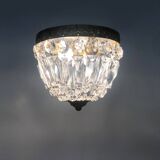 Old crown ceiling light with 2 bulbs, half basket with glass pendants.