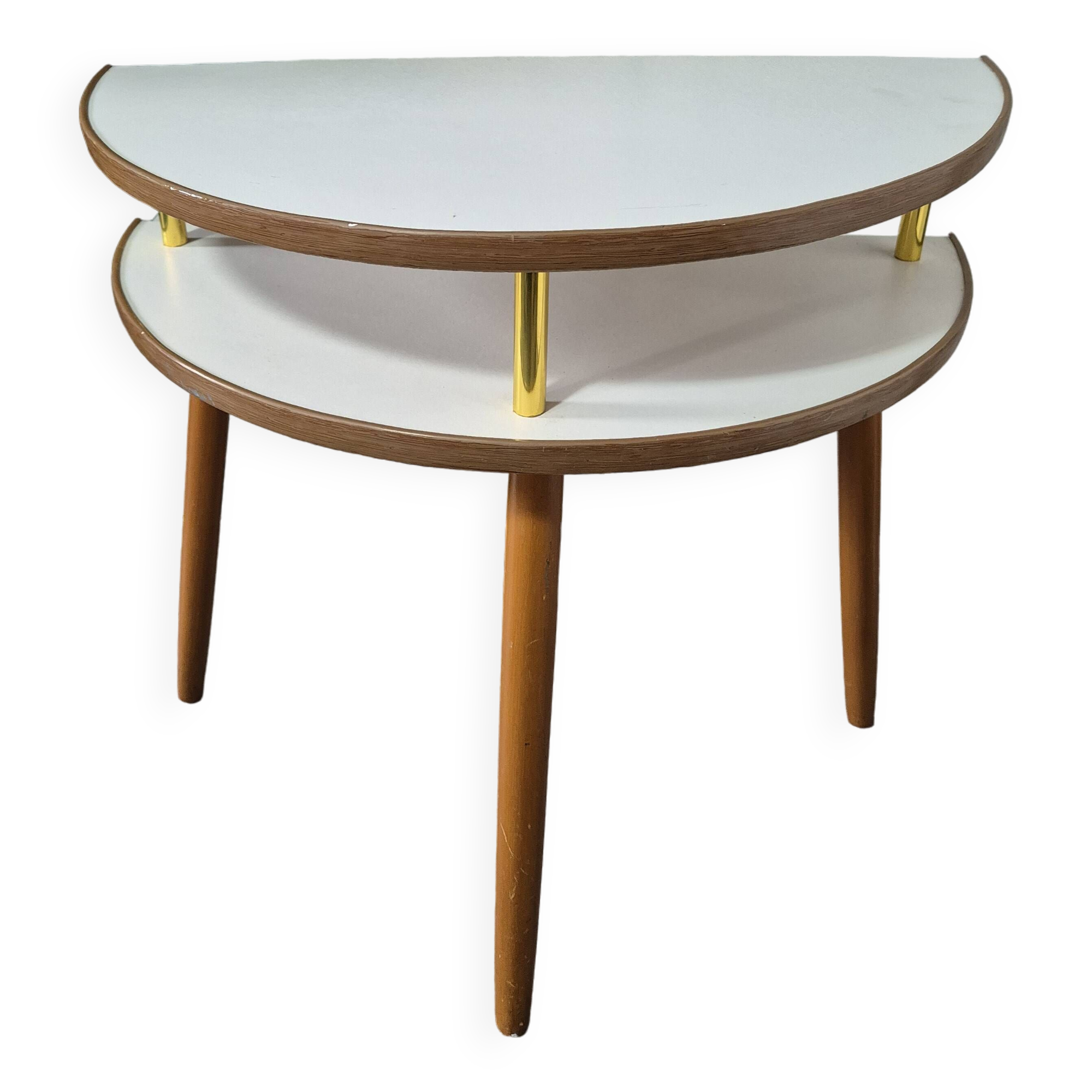 bedside or side table, vintage half circle 3 feet white trays made in England