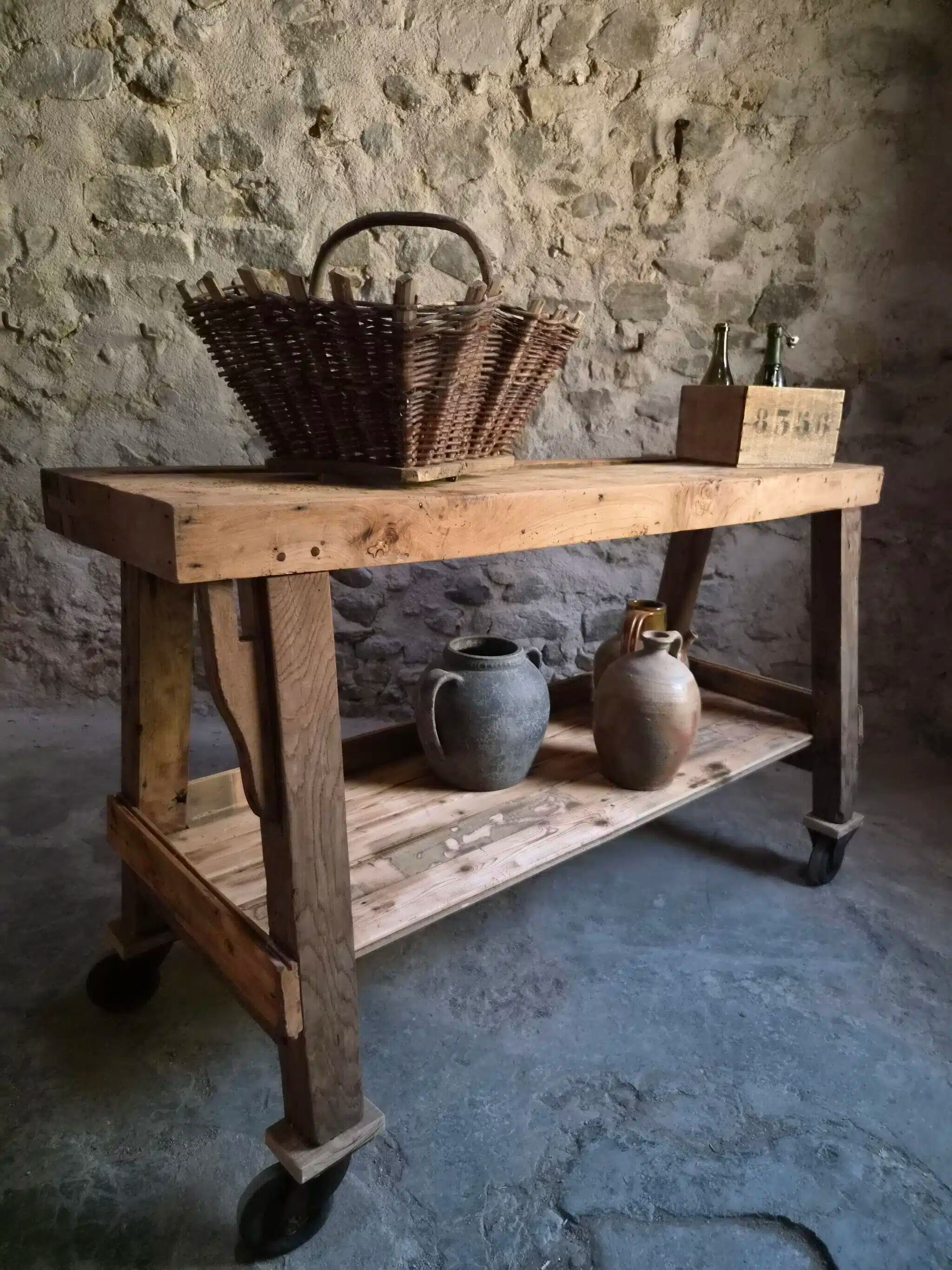 French industrial kitchen island, antique work table in chestnut and oak, circa 1900.